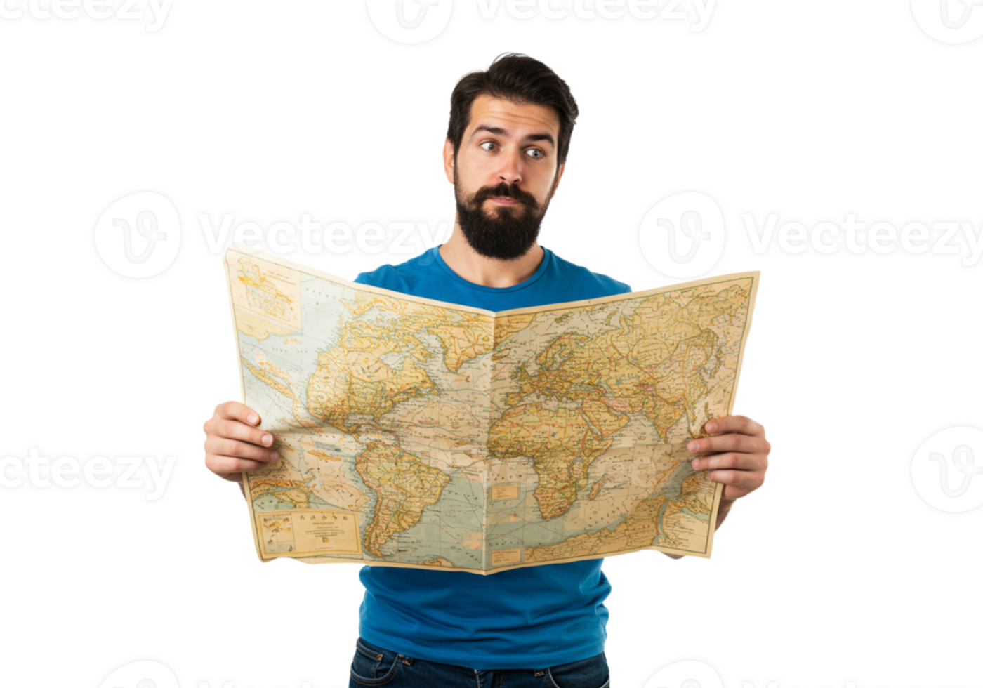 Bearded Man Studying World Map Planning Travel Adventure Journey trip route atlas voyage global png