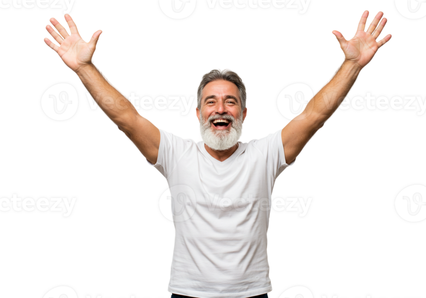 Happy Mature Man Celebrating Success Arms Raised Joyful Expression White TShirt smile black studio png