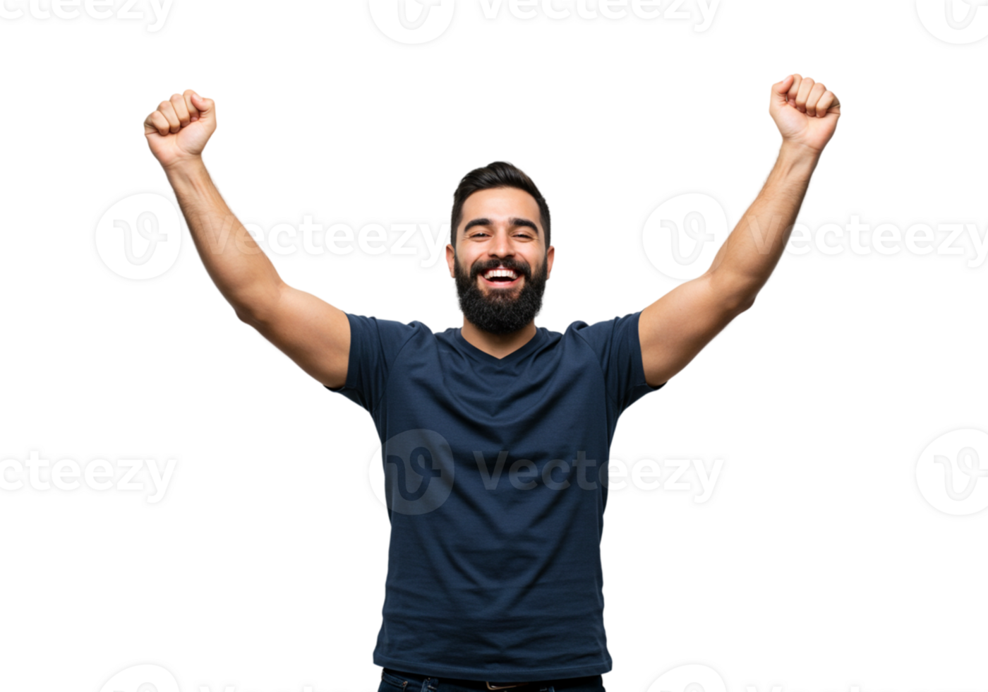 Happy Man Celebrating Success Arms Raised Joyful Expression Studio Shot black model winner people png