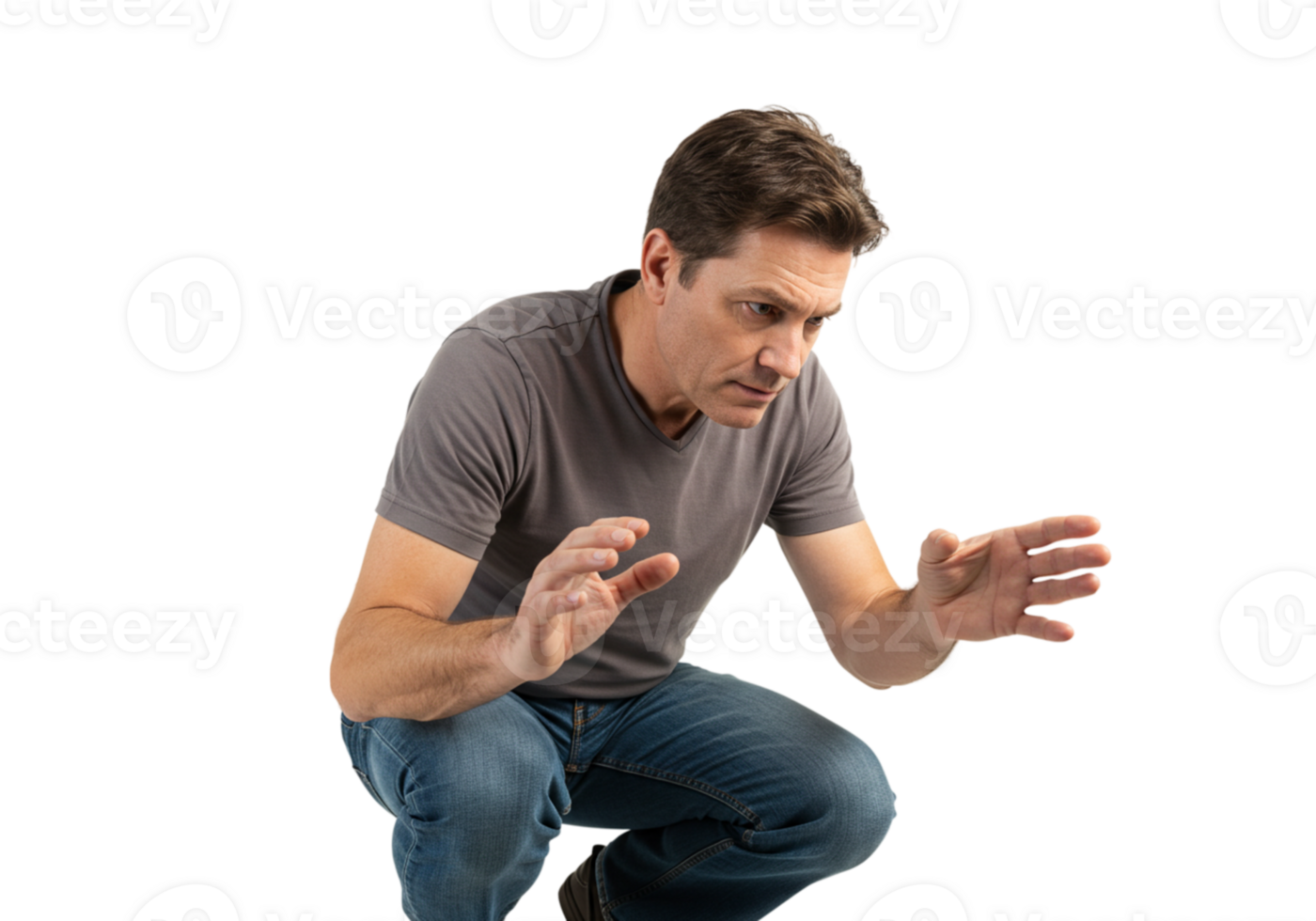 Man Examining Invisible Object Curious Pose Studio Shot Male Grey Adult Shirt Jeans Black Image png