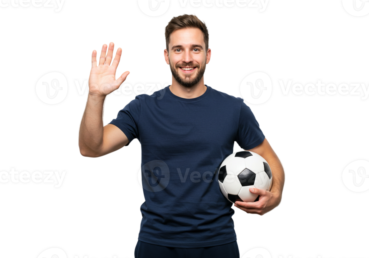 Smiling Man Waving Holding Soccer Ball Studio Shot game team sport happy smile black photo image png