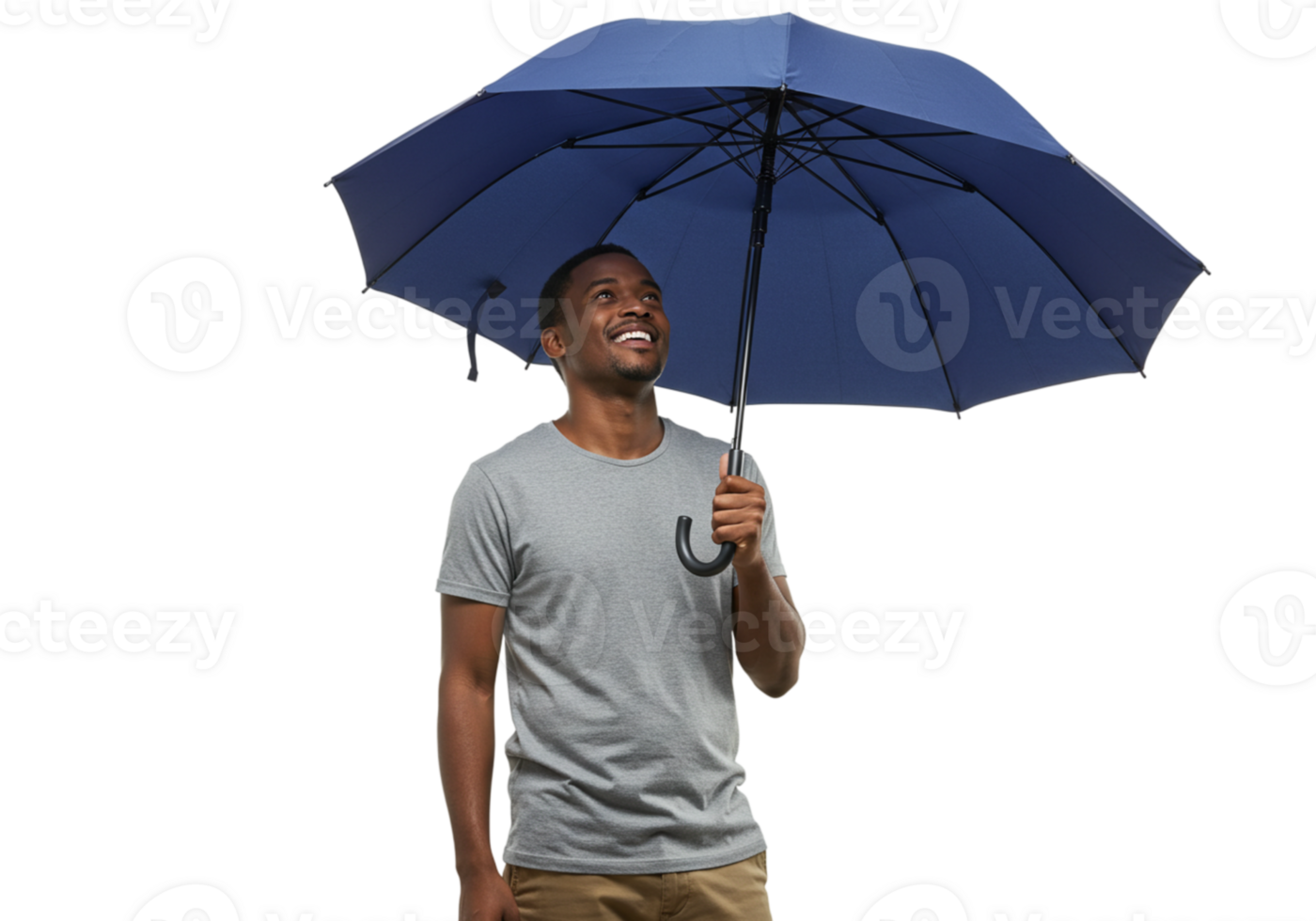 Happy Man Holding Blue Umbrella Looking Upwards Smiling Outdoors Rain Grey Male Style Shirt Model png