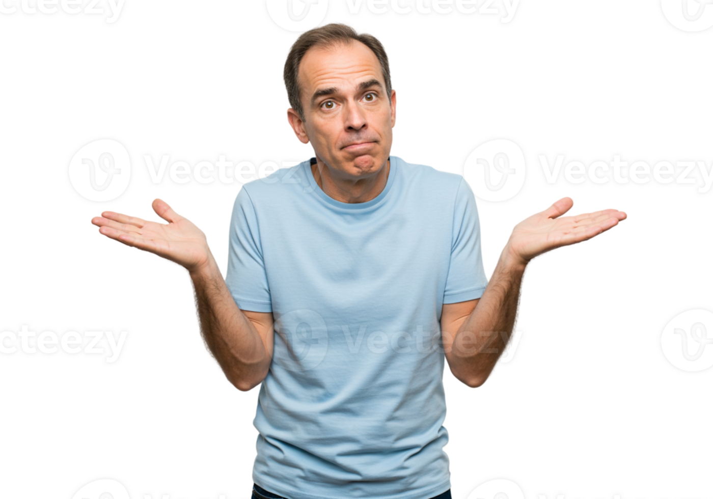 Confused Man Shrugging Shoulders Light Blue Shirt Studio Shot male doubt adult image model person png