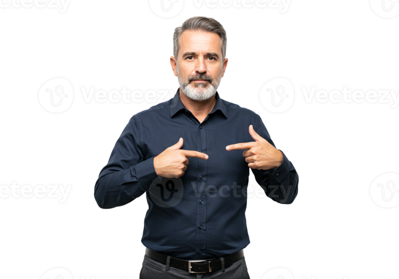 Confident Mature Man Points at Himself Professional Portrait Studio Shot gray hair pride beard black png