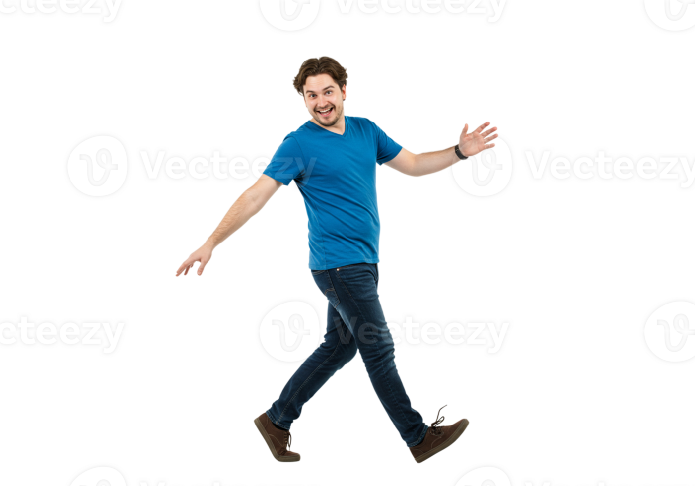 Happy Man Walking Casual Blue Shirt Jeans Studio male model young adult person joyful active smiling png