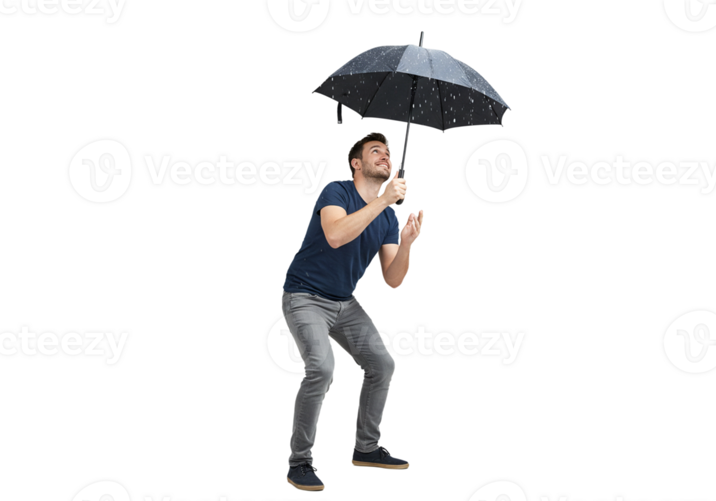 Man Holding Umbrella Rain Protection Casual Style Grey Pants wet male water adult young black happy png