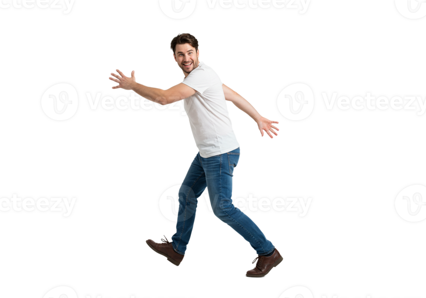 Happy Man Walking Energetically Studio Shot Casual White TShirt Jeans blue young adult model style png