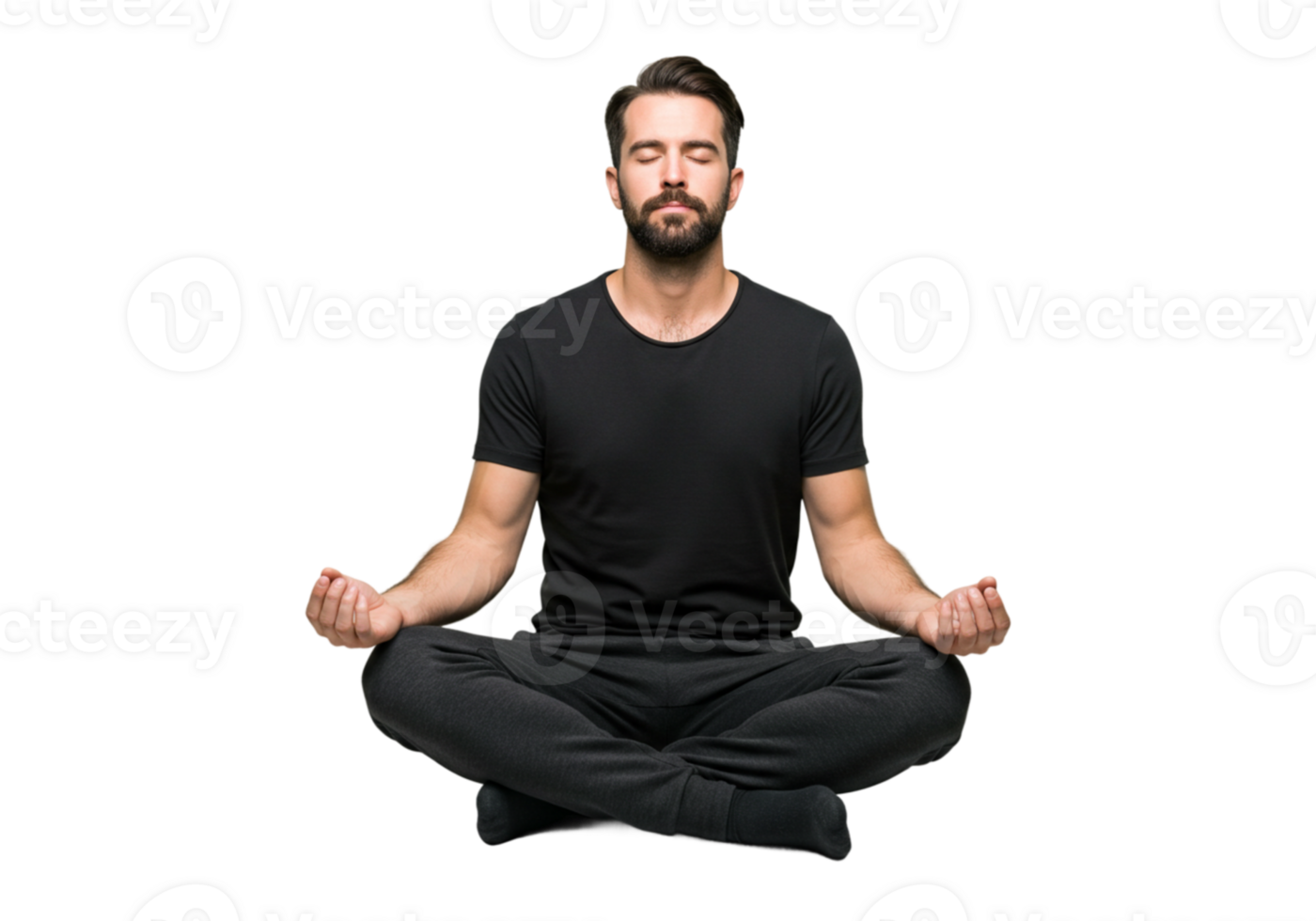 Serene Man Meditating in Lotus Pose Black Background Peaceful Mindfulness Yoga Practice zen calm png