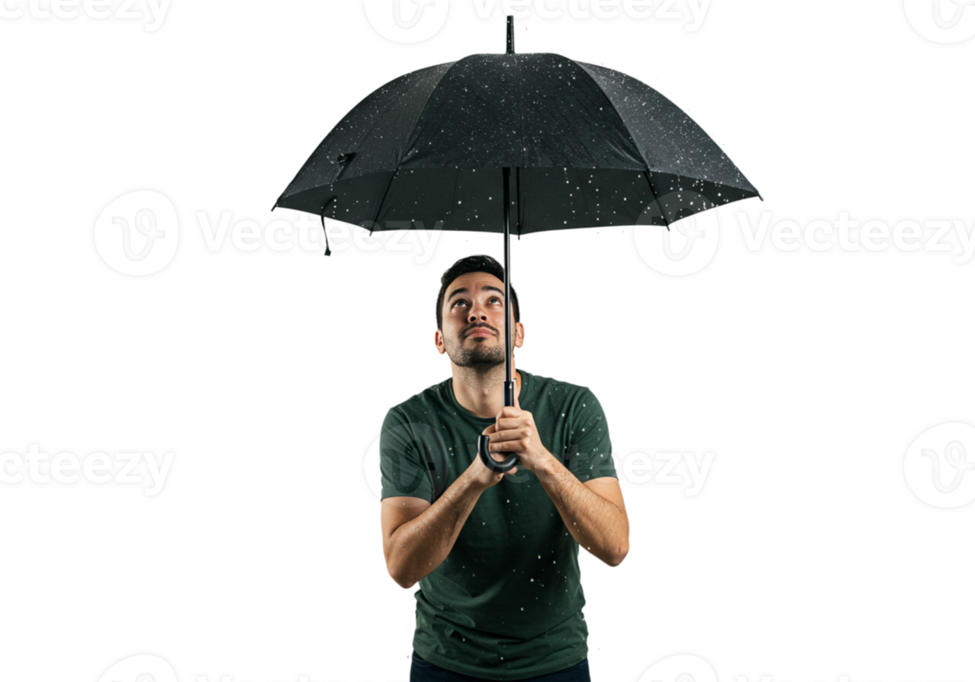 Man Looking Up Holding Wet Black Umbrella Rain Shot Dark Male Image Adult Water Drops Green Studio png