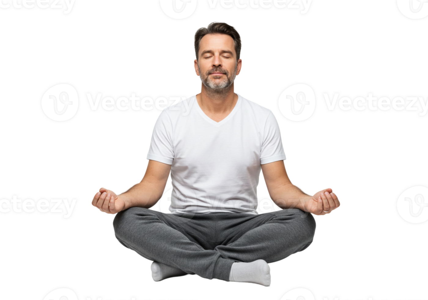 Serene Man Meditating in Lotus Pose Peaceful Mindful Wellness Yoga Calm Grey Male Inner White Adult png