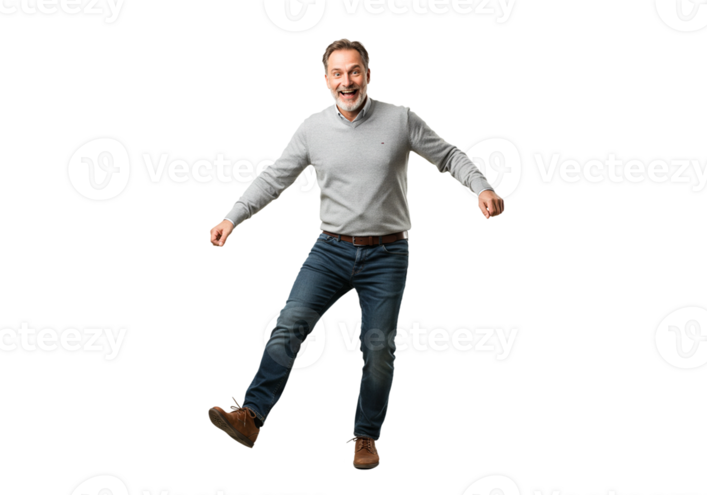 Happy Mature Man Joyful Dance Studio Background Grey Sweater Jeans Full Body Adult Black Energy png