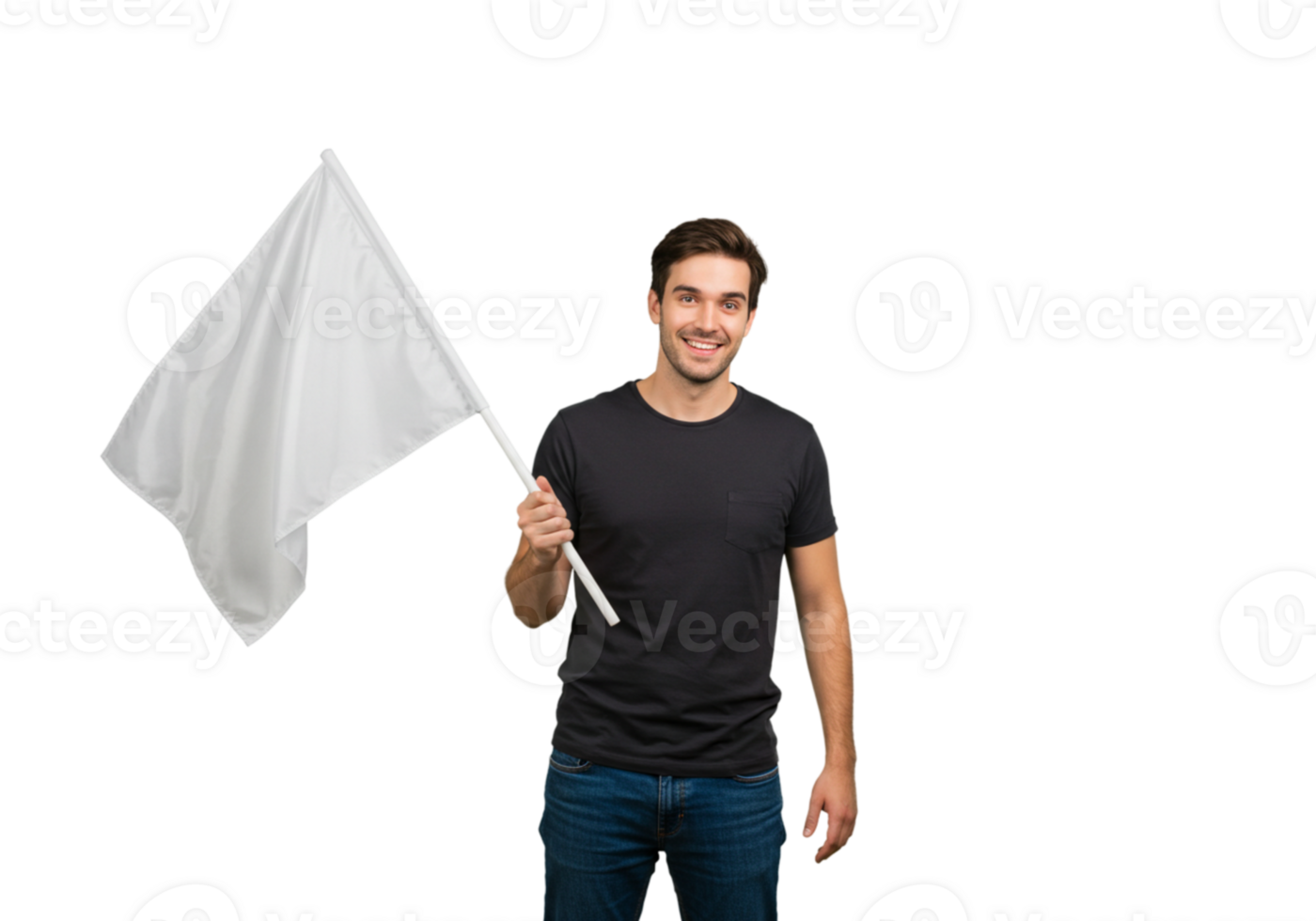 Smiling Man Holding a White Flag Surrender Peace Concept Male Sign Arms Black Image Photo Happy png