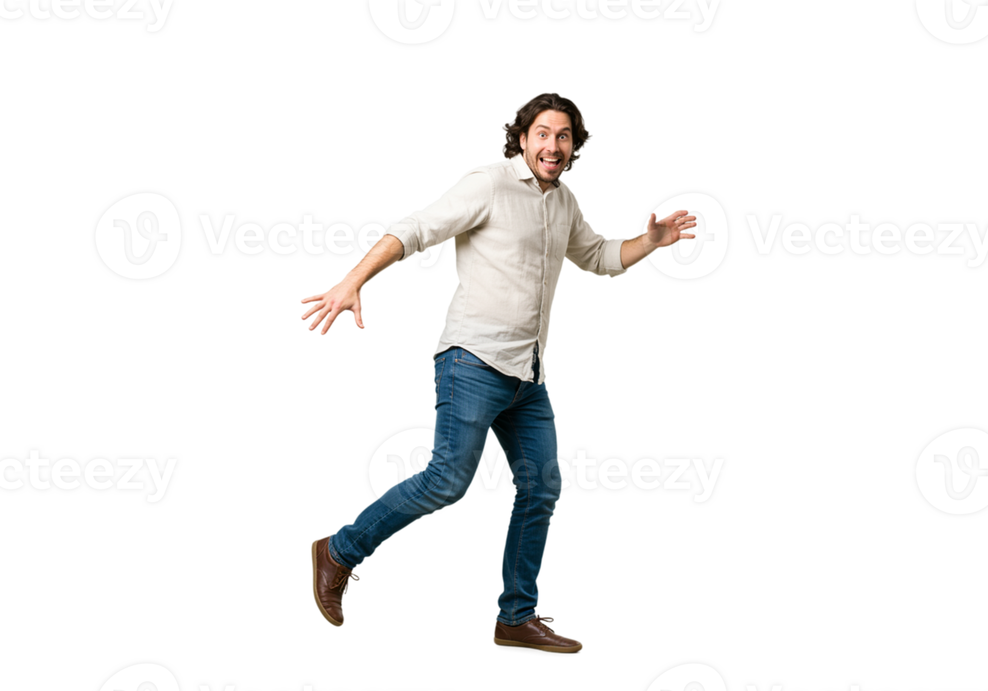 Excited man jumping happy casual lifestyle joyful energetic young adult