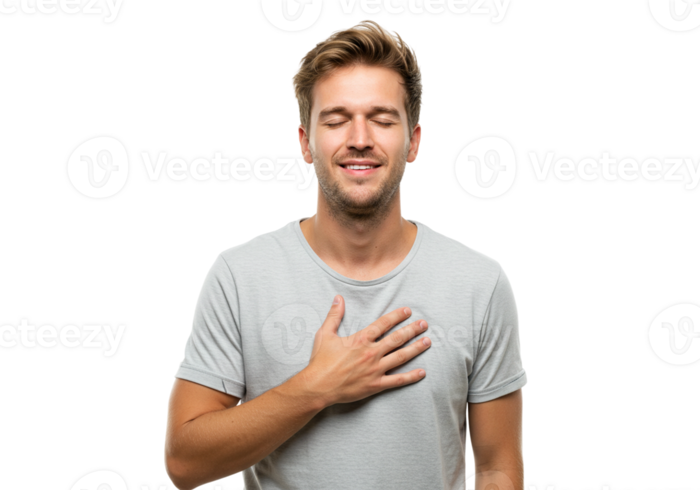 Man Holding Hand to Chest Feeling Grateful Peaceful Happy Contentment Male Calm Kind Adult Studio png