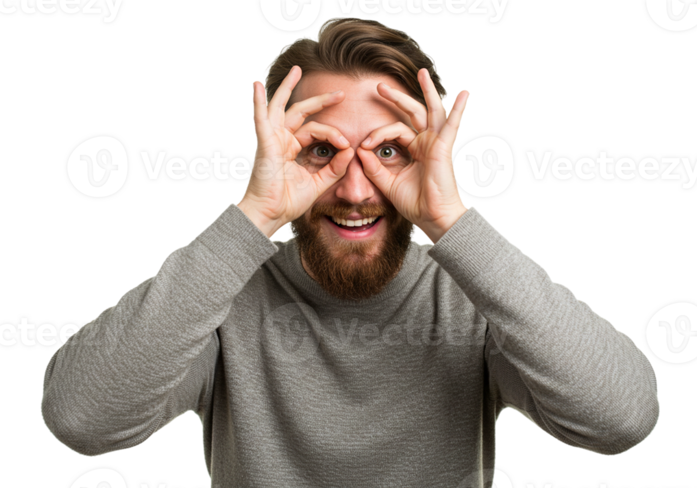 Playful Man Making Funny Binoculars Gesture Happy Smiling Beard Eyes Grey Male Black Adult Model png