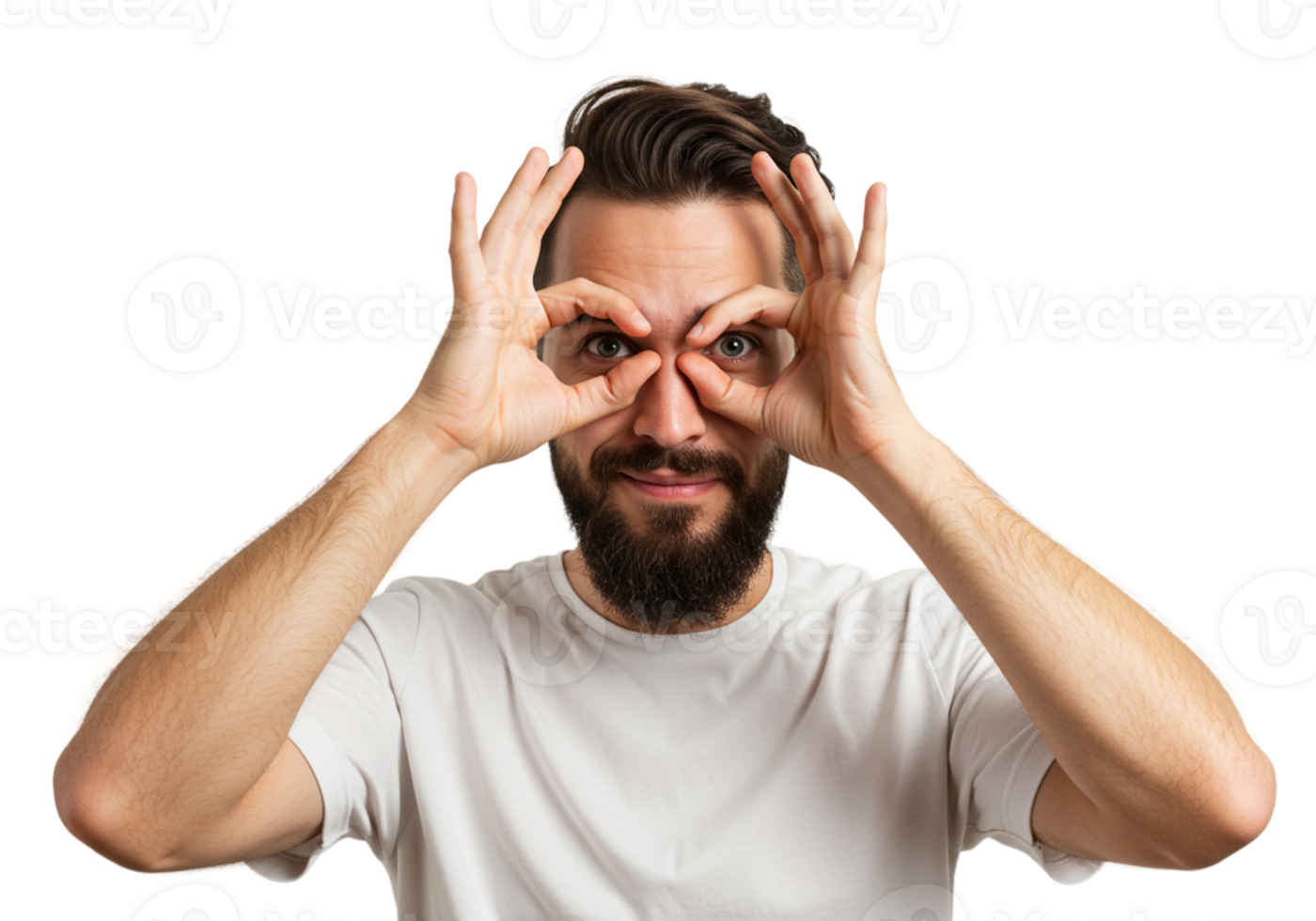 Playful Man Making Funny Face Hands as Binoculars White TShirt male eyes look black happy model png