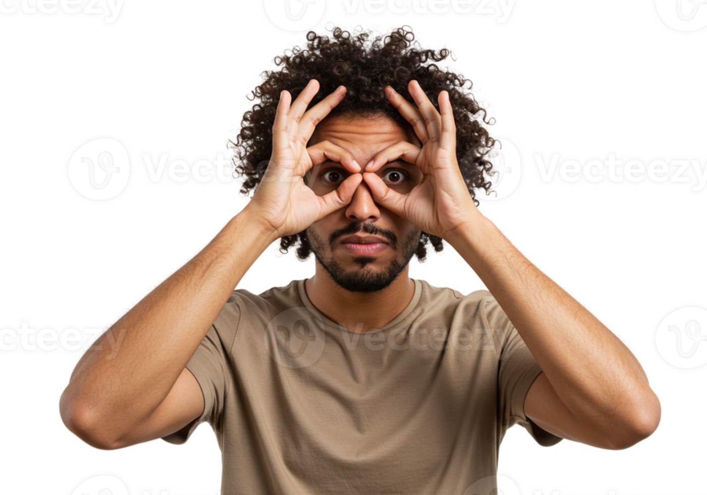 Playful Man Making Funny Face Hands as Binoculars Studio Shot Male Hair Model Adult Happy Brown png