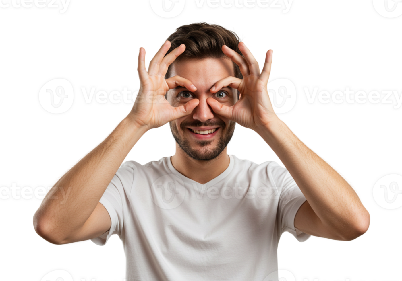 Playful Man Making Funny Face Hands Near Eyes Happy cute male model young adult black studio person png