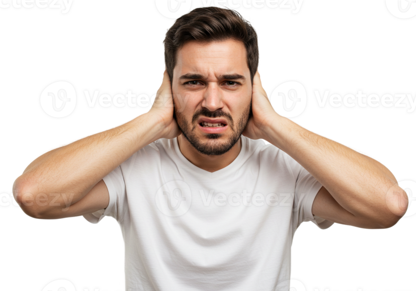 Frustrated Man Covering Ears Noise Stress Annoyance Problem Pain White Sound Tired Upset Angry Human png