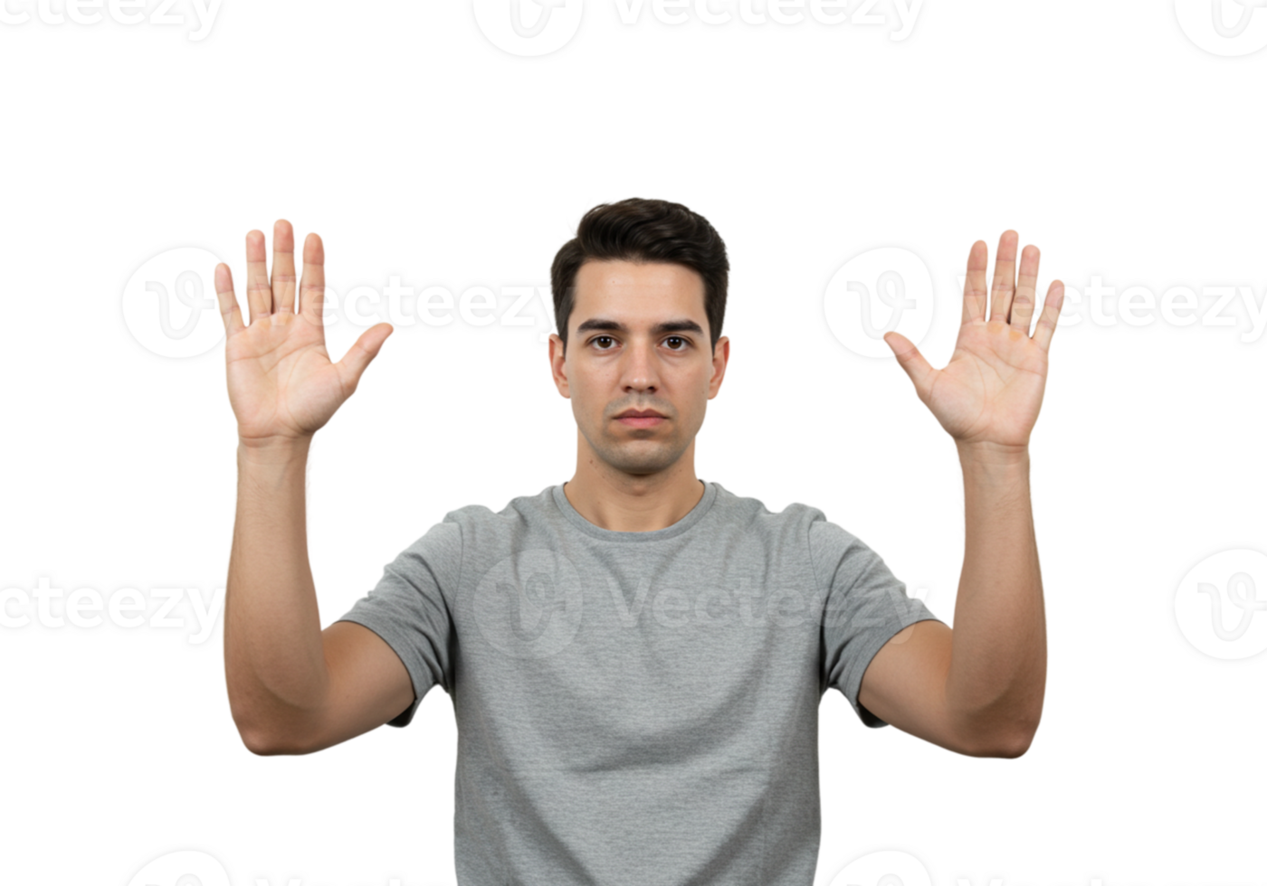 Man Gesturing with Hands Up Studio Shot Grey TShirt male pose arms body black model image photo png