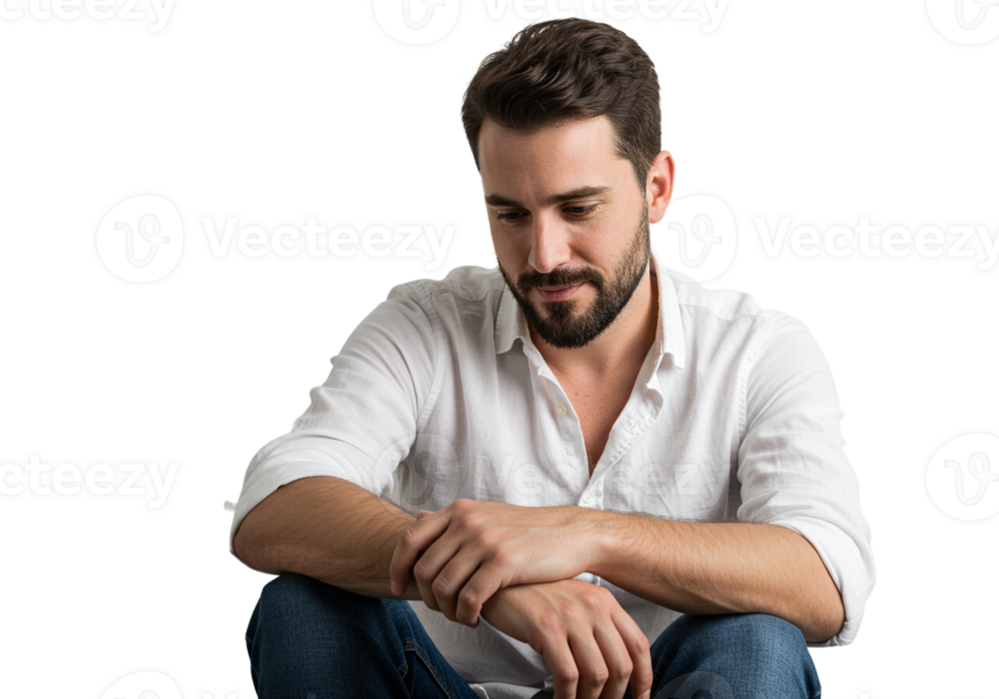 Thoughtful Young Man Sitting Pensively White Shirt Jeans Casual Portrait Male Mood Black Adult Model png