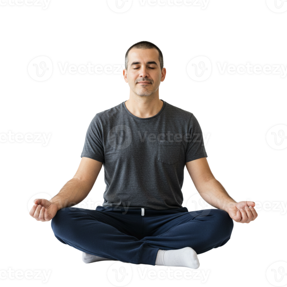 Serene Man Meditating Peaceful Yoga Pose Healthy Lifestyle Calm Grey Blue Male Adult Studio Person png