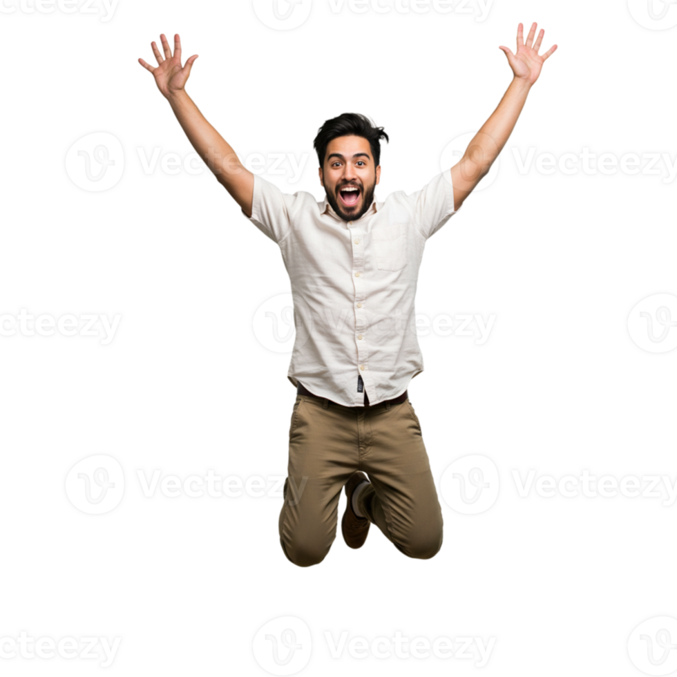Excited Man Jumping Joyful Celebration Happy Success Studio Shot Male Black White Shirt Pants Brown png