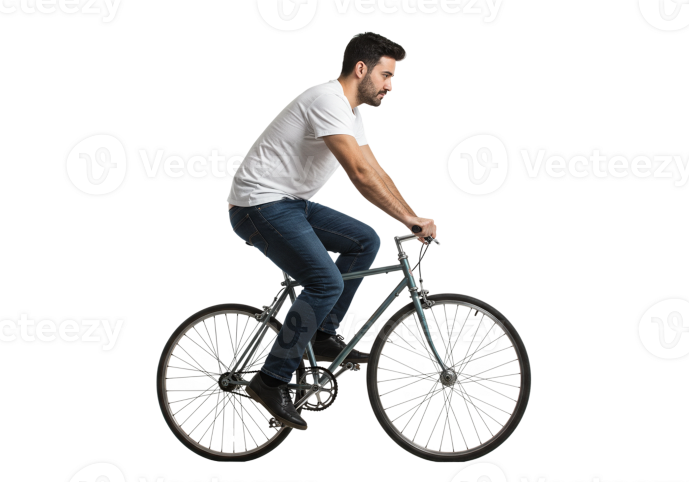 Man Riding Vintage Bicycle Stylish Jeans White TShirt Bike Grey Blue Road Male Urban Sport Active png