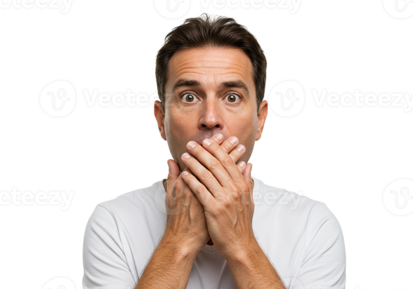 Shocked Man Covering Mouth Secret Surprise Close Up Studio Fear Male Hands Adult Image Photo Hidden png