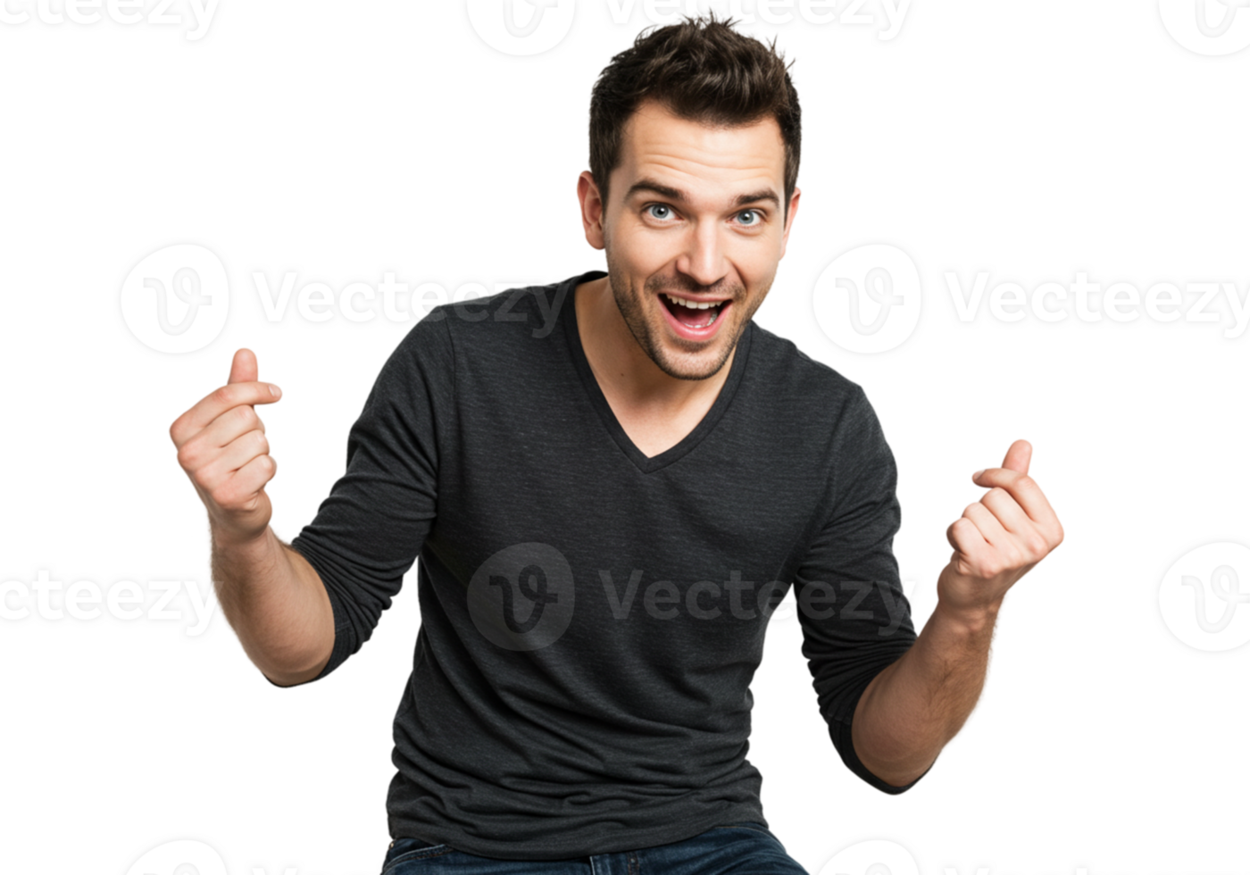 Excited Man Gesturing Happy Winning Success Joyful male young adult model black image casual tshirt png