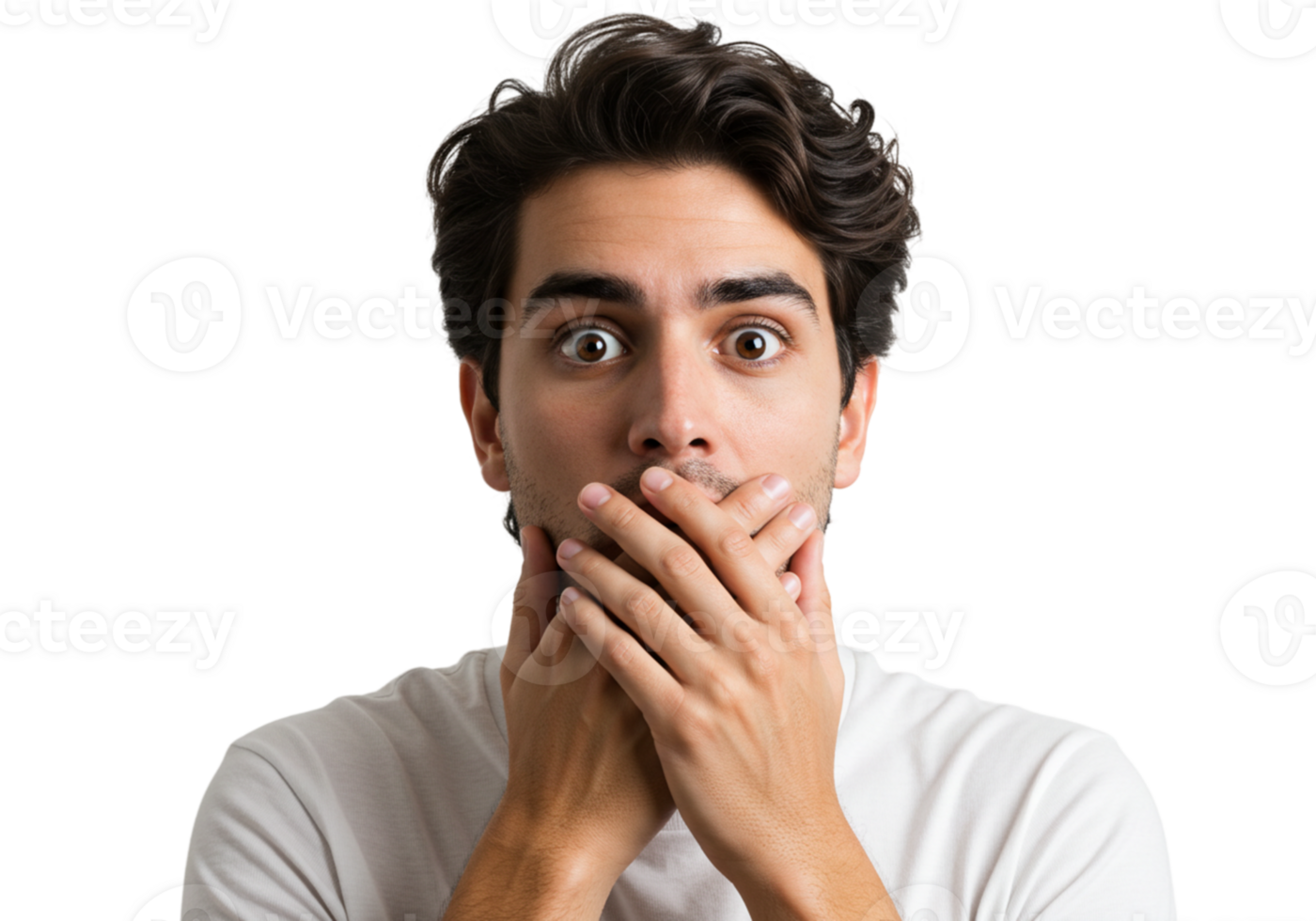 Shocked Man Covering Mouth with Hands Surprised Expression Close Up Studio Shot wow face male human png