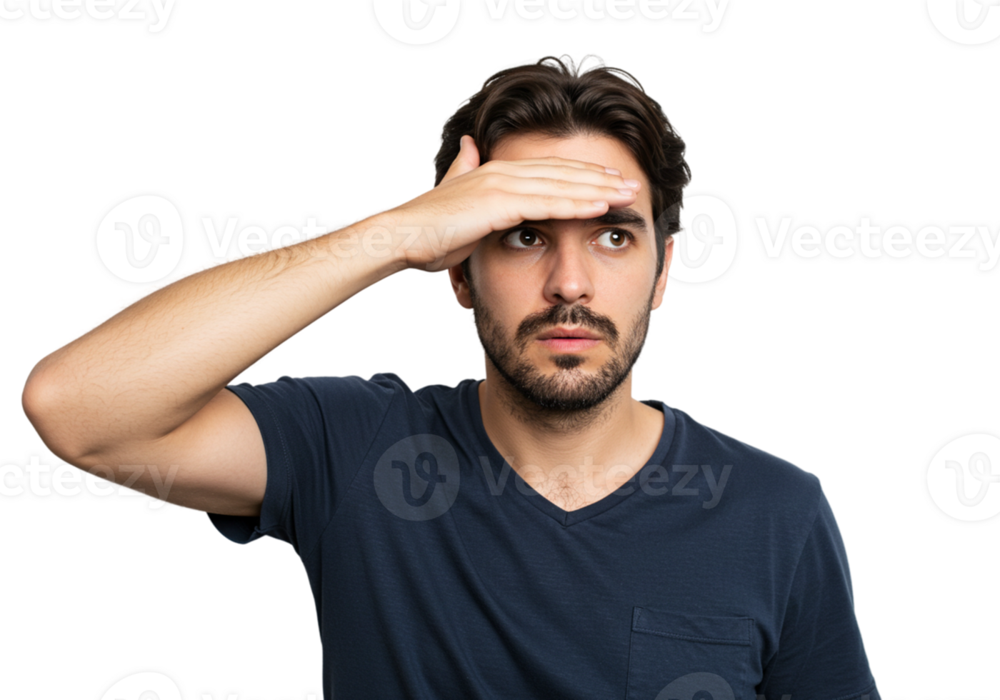 Man Looking into Distance Hand on Forehead Serious Expression Dark Background Male Face Eyes Adult png