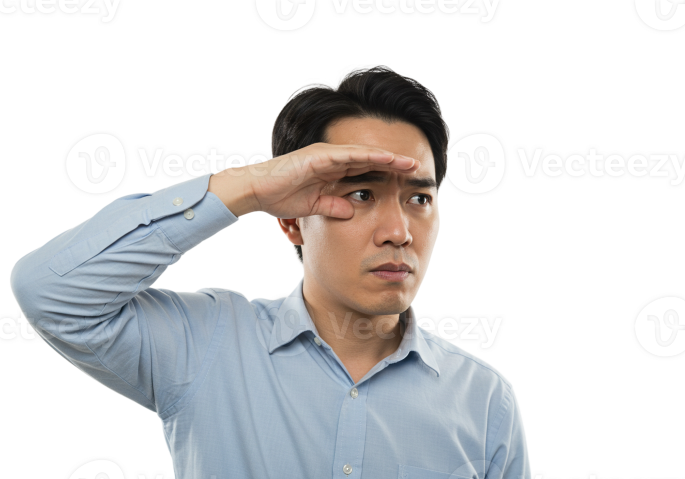 Man in Blue Shirt Looking into Distance Serious Expression Face Male Hand Adult Image Photo Person png