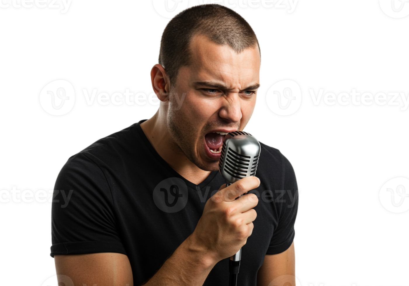 Passionate Singer Powerful Vocals Retro Microphone Black Background Studio Shot man song rock music png
