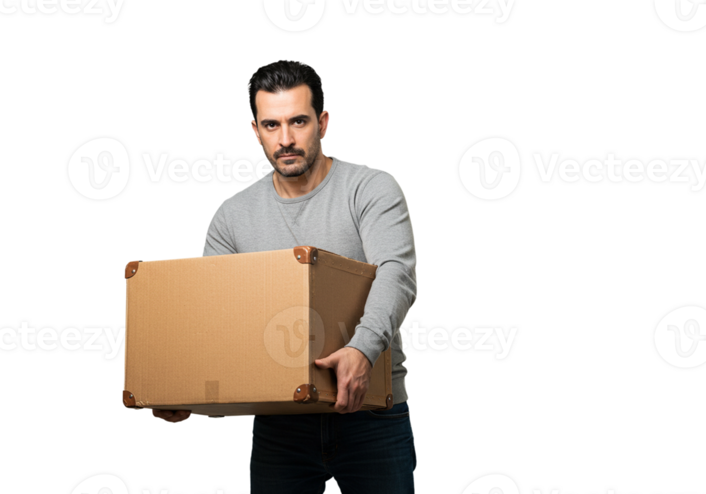 Serious Man Carrying Cardboard Box Studio Shot Grey Male Brown Black Adult Image Photo Person Moving png