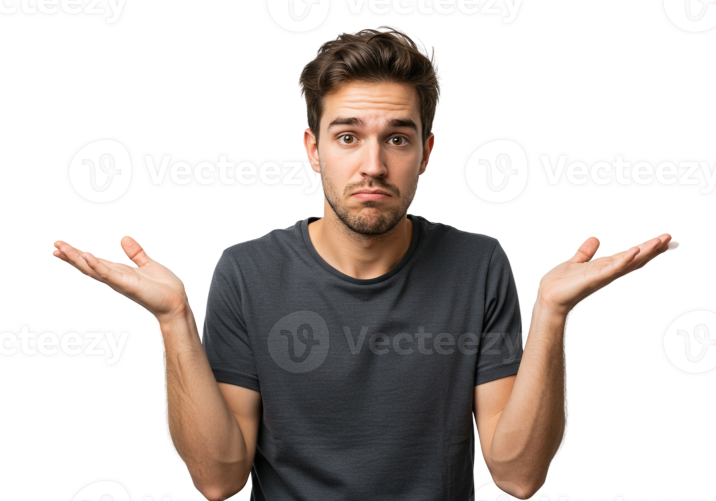 Confused Young Man Shrugging Shoulders Gesturing Uncertainty Male Arms Doubt Black Studio Choice png