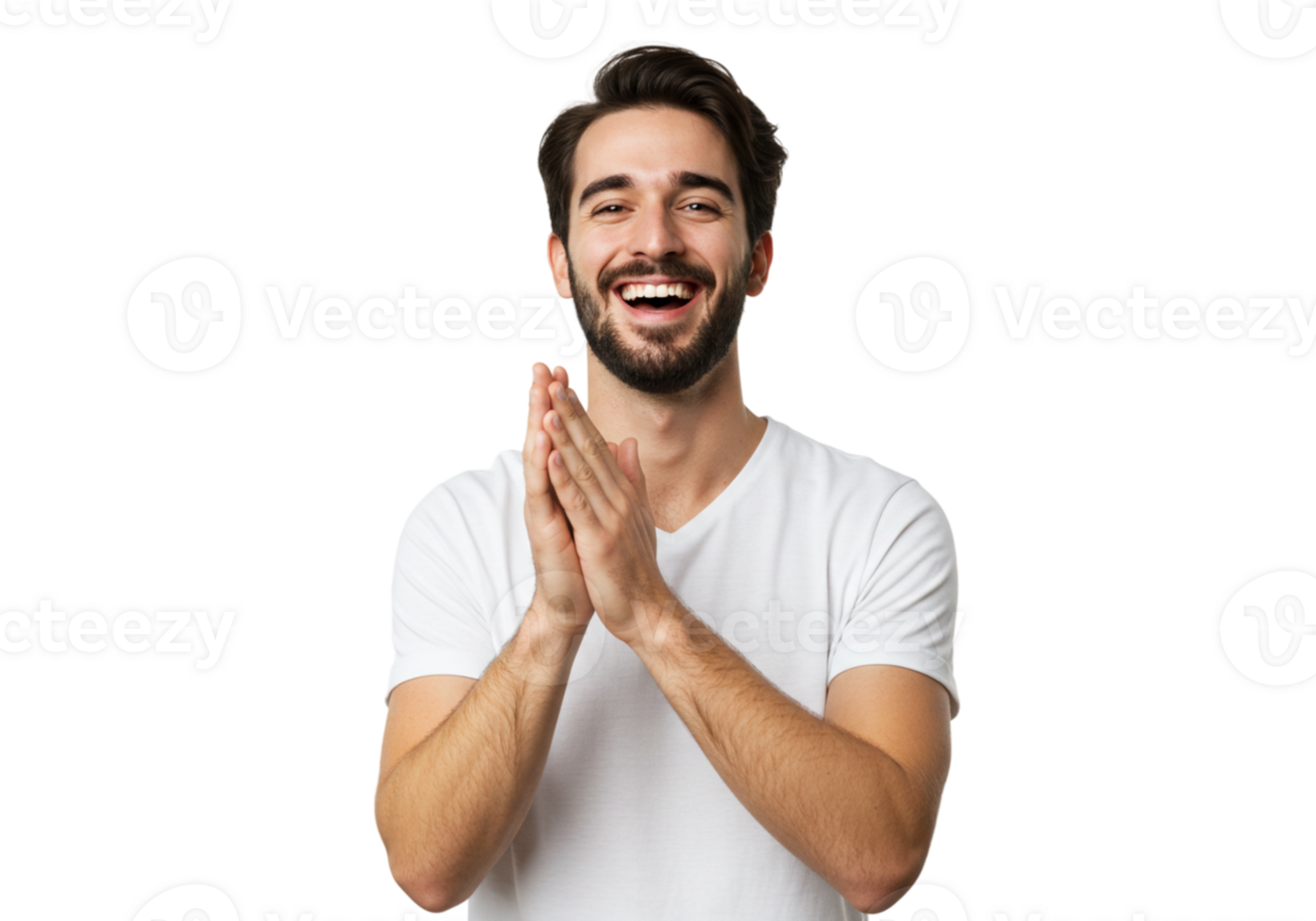 Happy Man Clapping Hands Smiling Joyful Expression White TShirt Background Male Glad Studio Person png