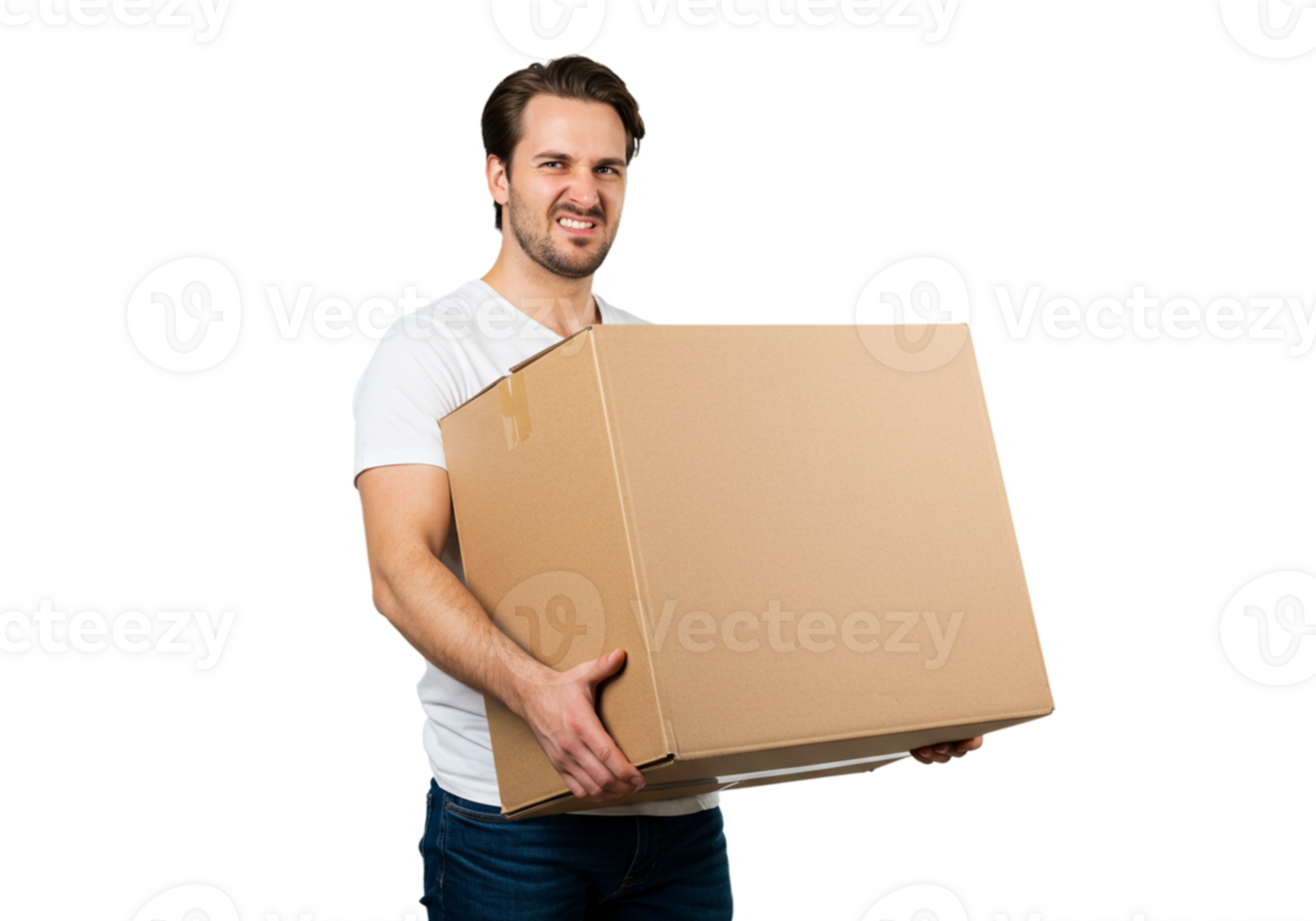 Man Straining Lifting Heavy Cardboard Box Moving Day work male tired brown large adult effort burden png