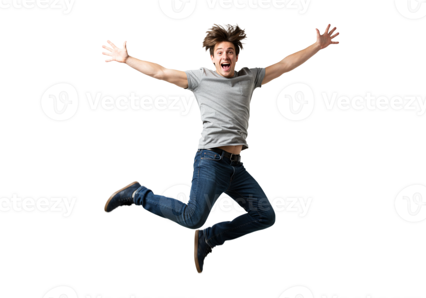 Excited Young Man Jumping Joyfully Grey Shirt Jeans Background Fun Happy Black Youth Active Energy png