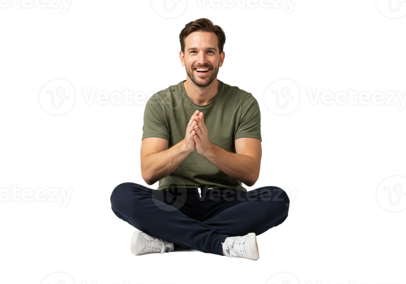 Happy Man Sitting Cross Legged Smiling Hopeful Relaxed Peaceful Studio Shot Yoga Calm Male Green png