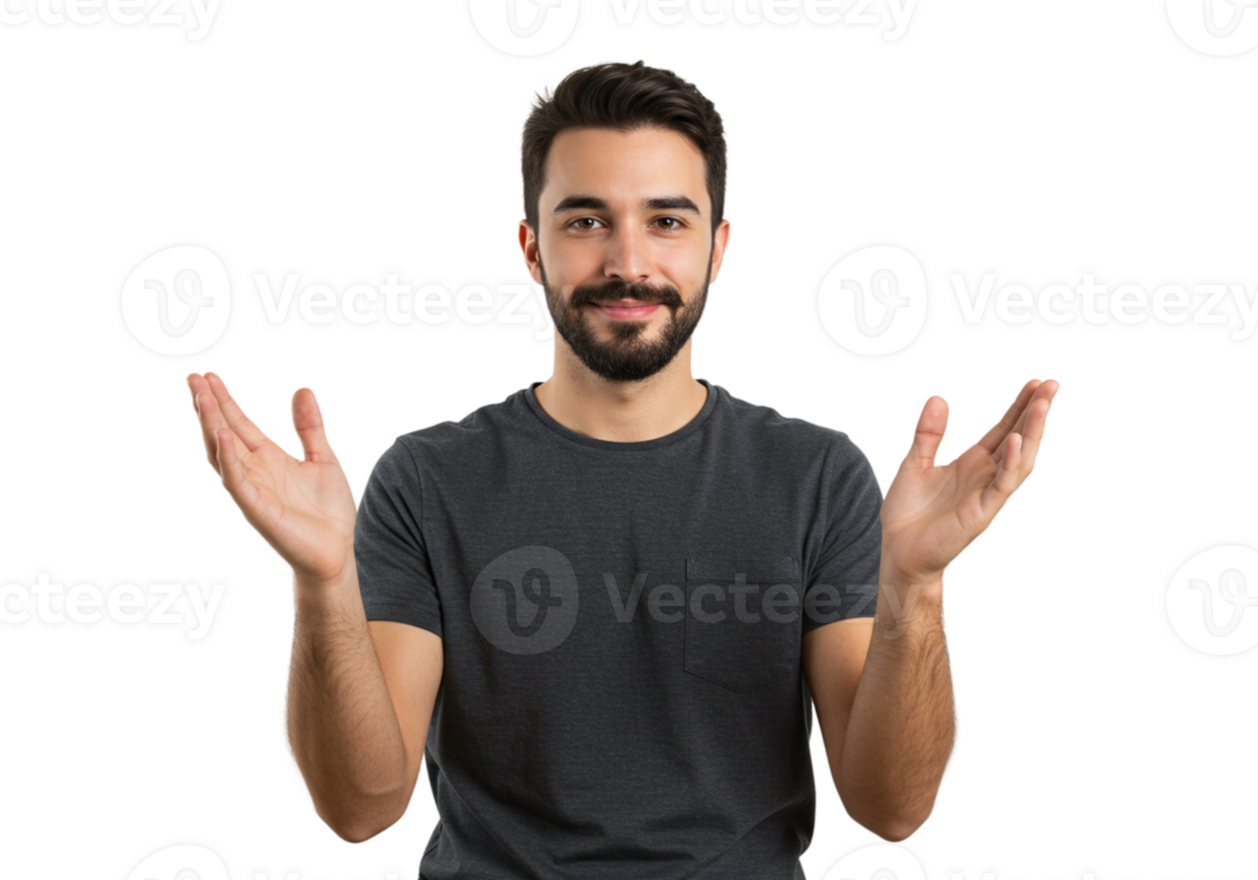 Friendly Man Gesturing Open Palms Presenting Product Offer Male Face Grey Hands Black Model Image png