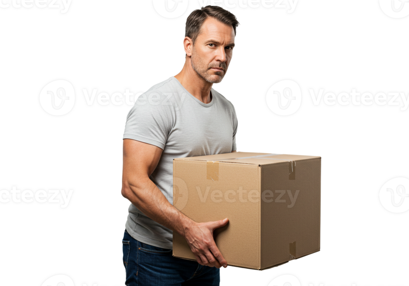 Serious Man Carrying Cardboard Box Studio Shot Strong Adult Male work black heavy moving person png