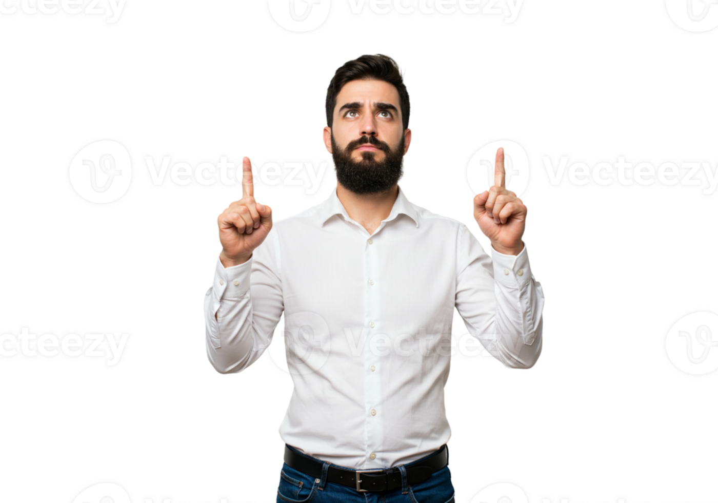Man in White Shirt Points Upwards Studio Shot Black Background idea male beard model person casual png