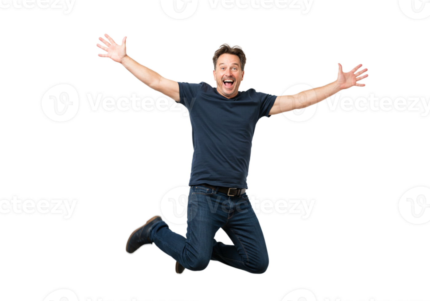 Happy Man Jumping Joyful Expression Casual Clothes Black Background fun male jeans adult tshirt png