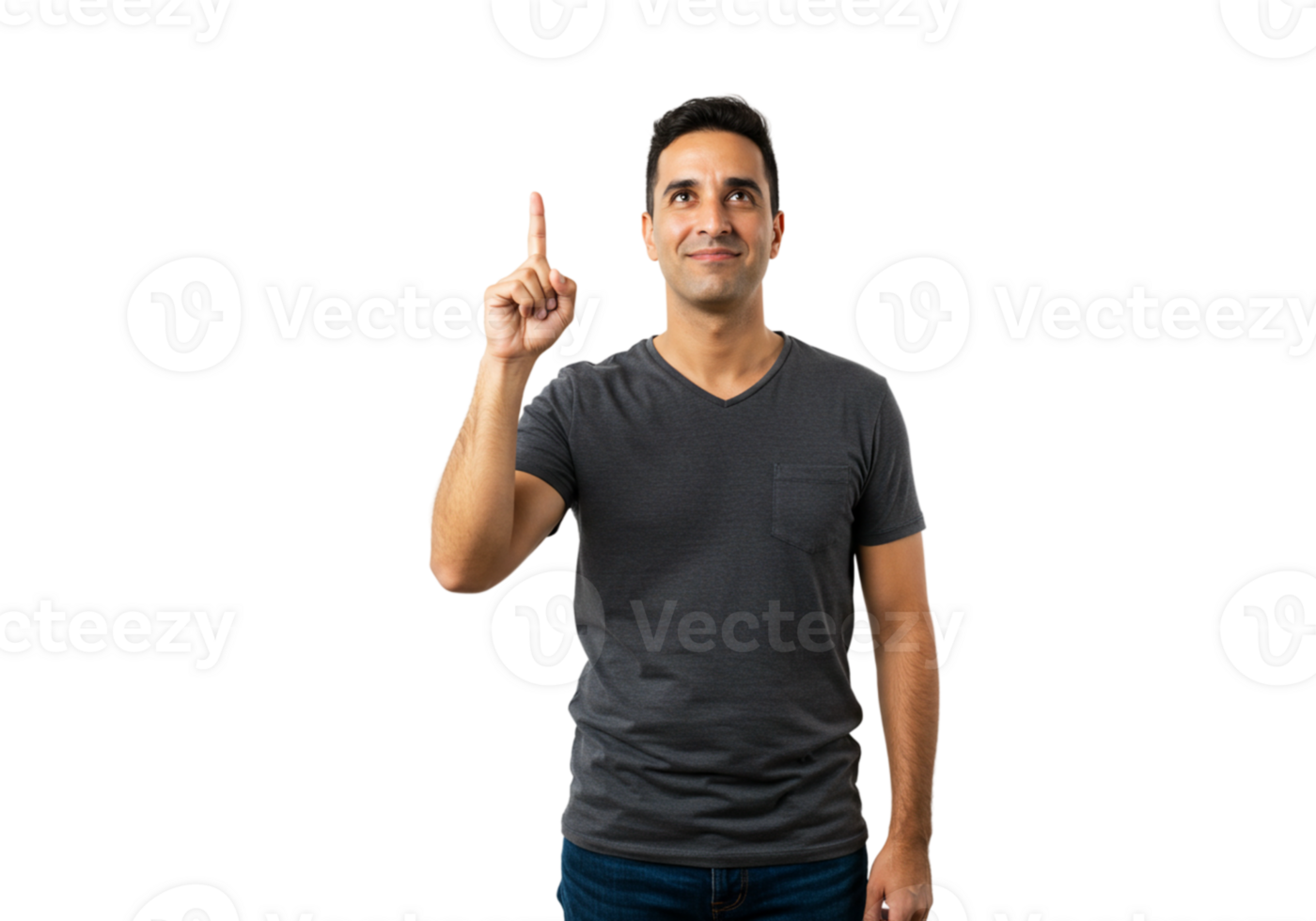 Man in Gray TShirt Points Upward Idea Concept black design choice future growth gesture digital png