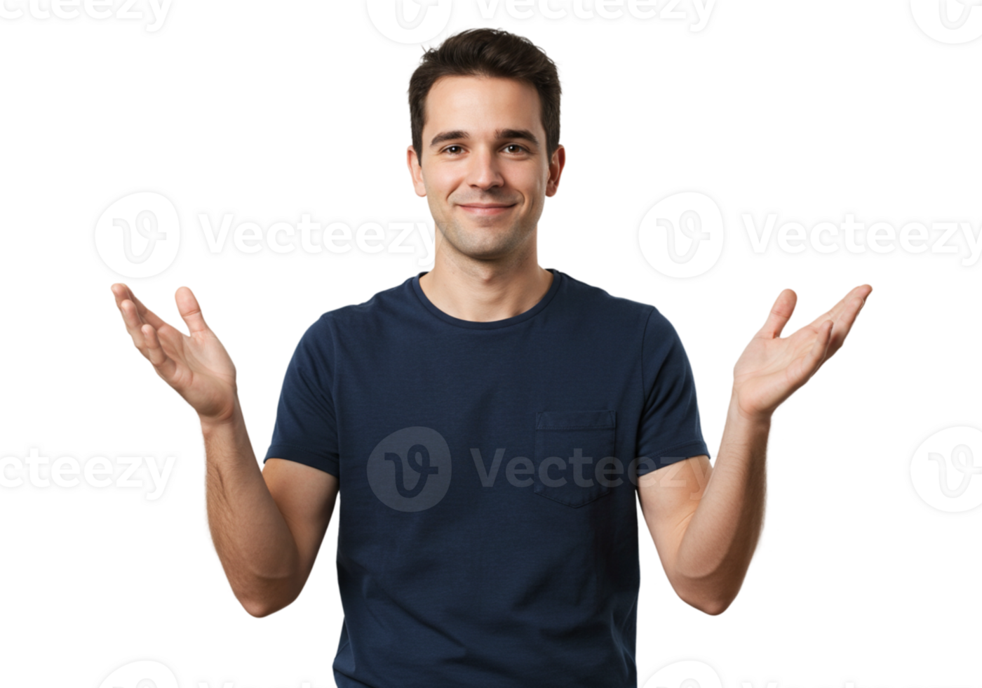Smiling Man Presenting Product Open Hands Studio Shot Male Show Happy Model Offer Image Person png