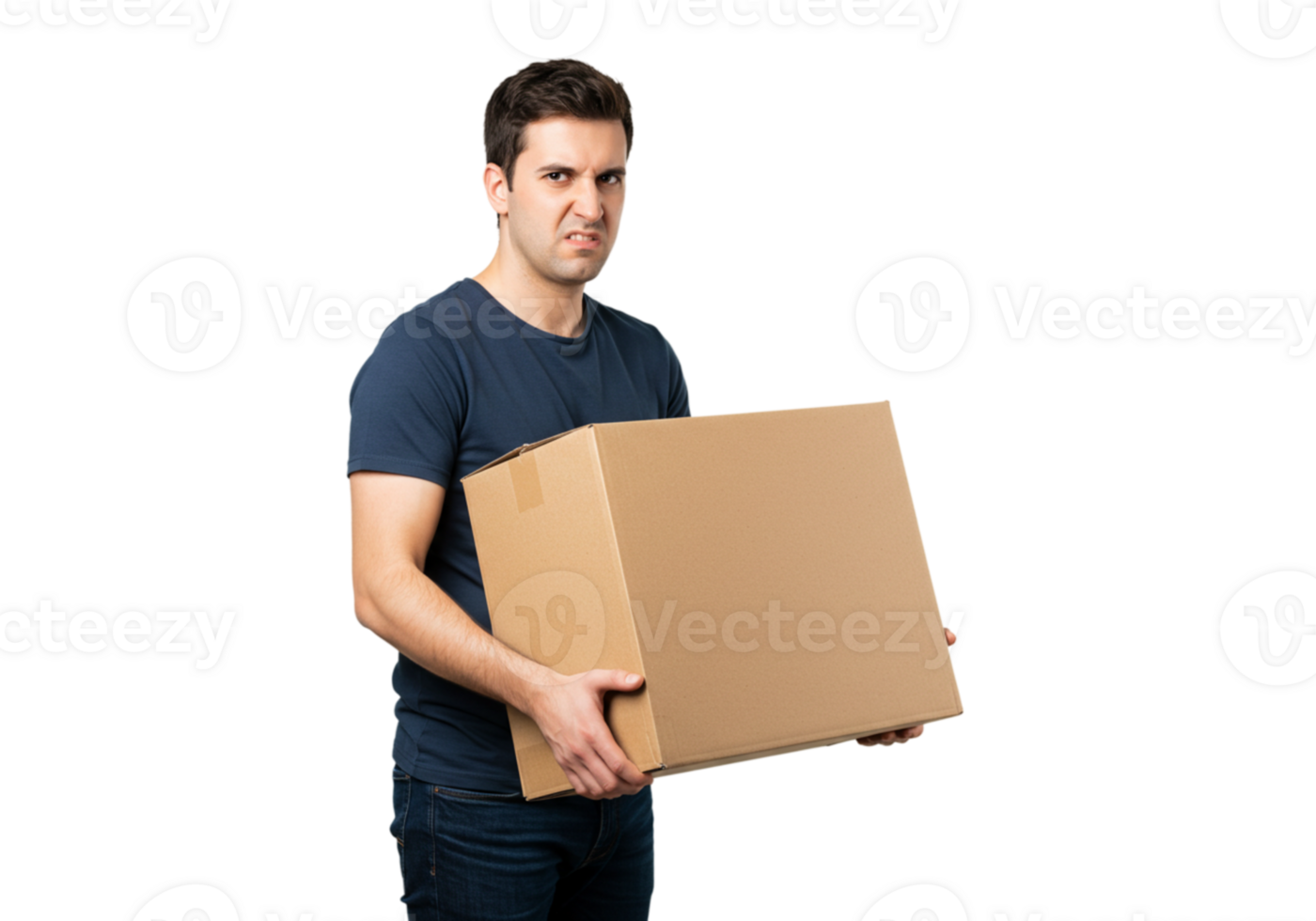 Frustrated Man Carrying Heavy Cardboard Box Delivery Tired Black Cargo Stress Moving Weight Effort png