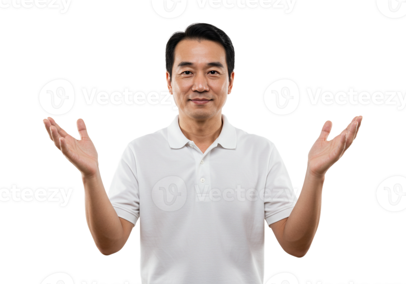 Smiling Asian Man Gesturing Open Palms White Shirt Studio Background male hands model happy offer png
