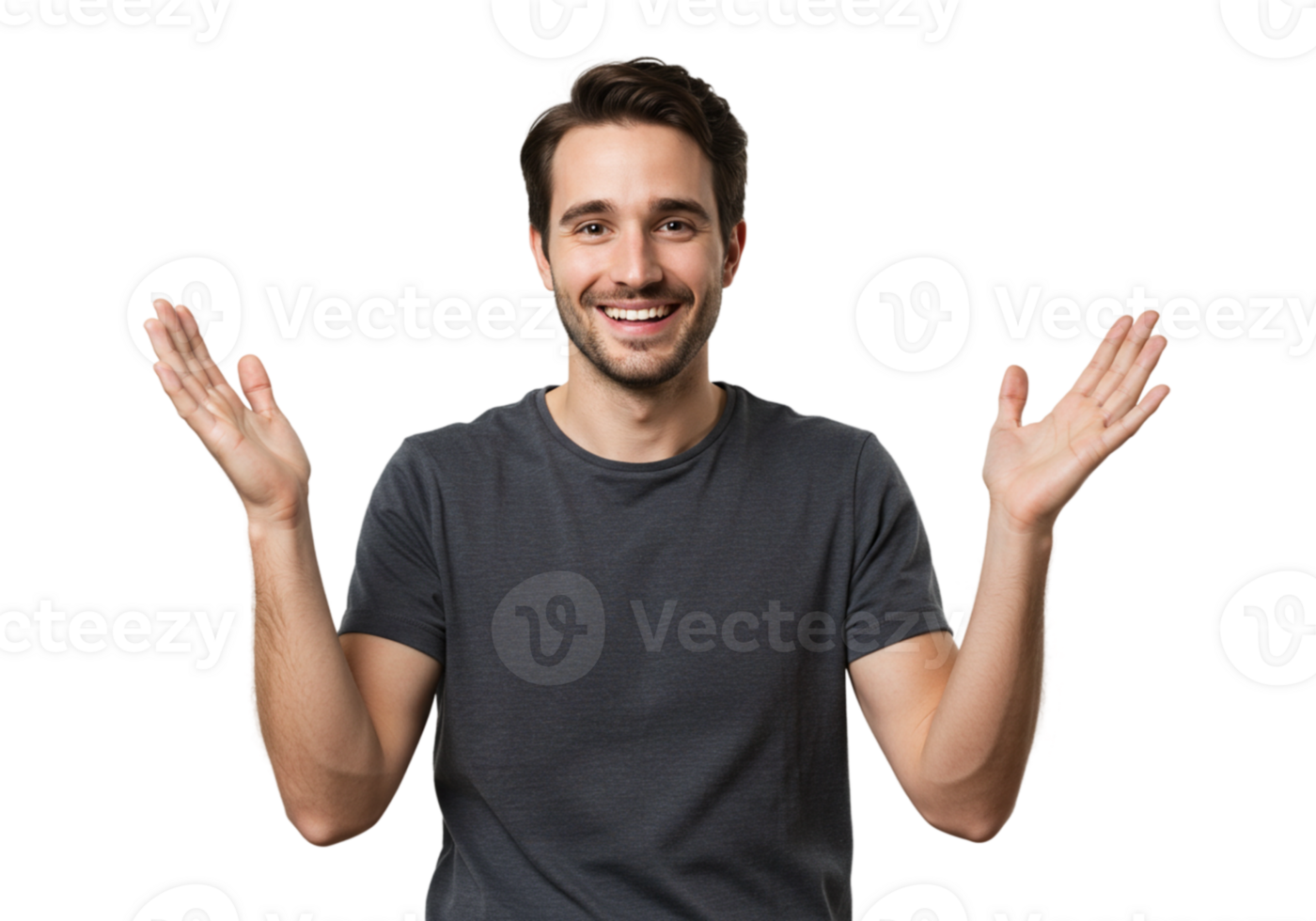 Happy Man Gesturing Open Palms Excited Expression Studio Shot Male Model Black Person Casual Joyful png