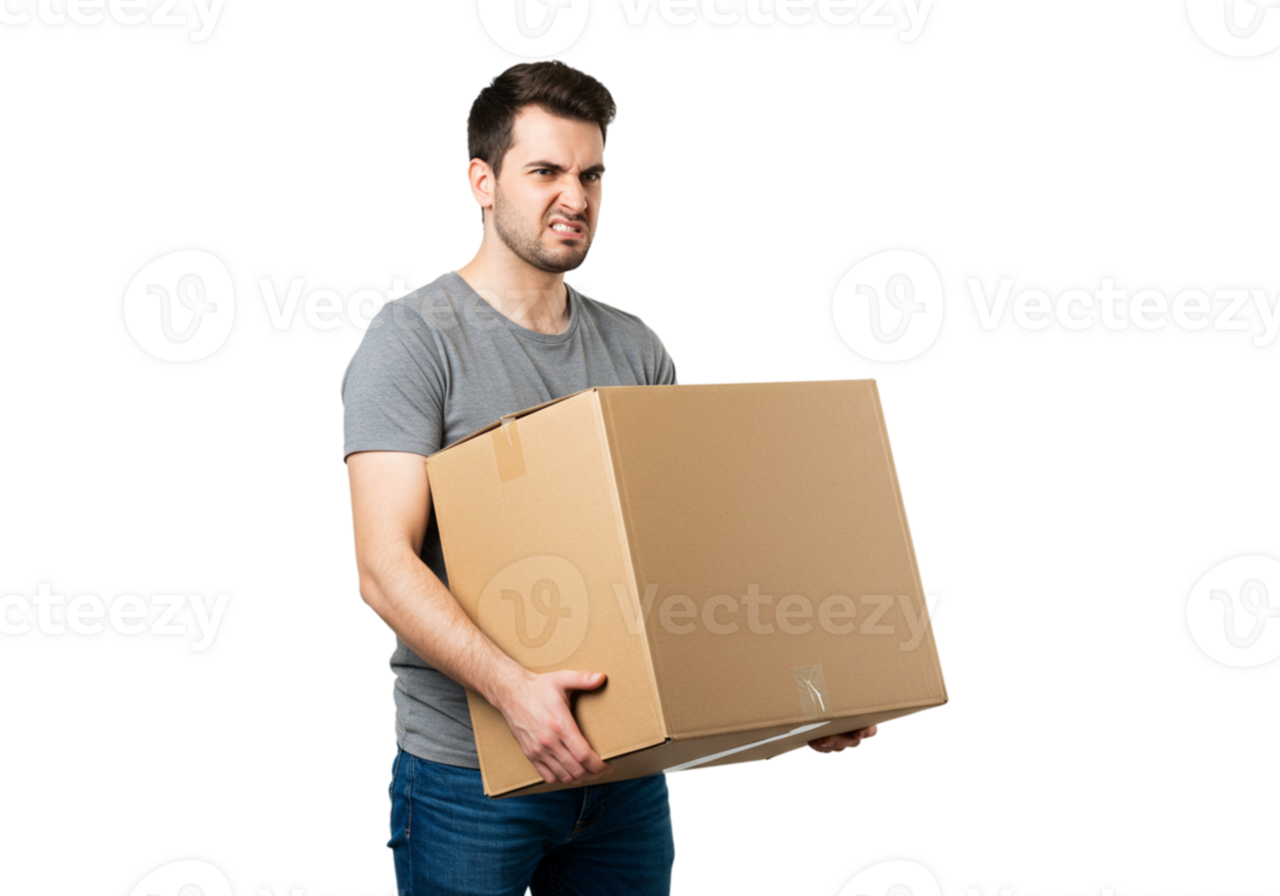 Man Straining Lifting Heavy Cardboard Box Package Delivery Work Tired Cargo Effort Moving Weight png